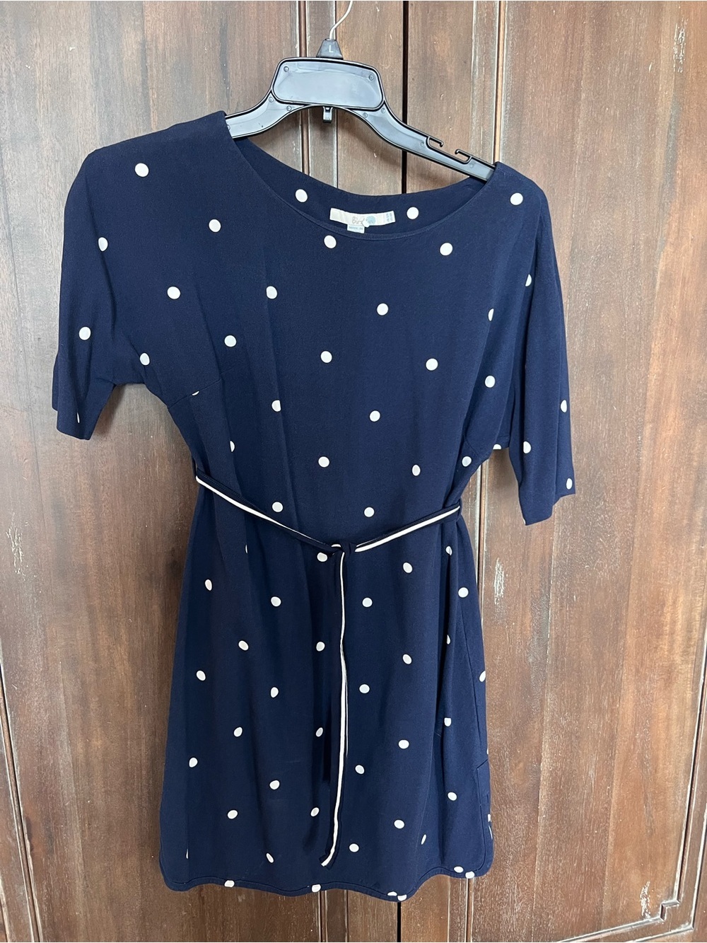 Boden Navy Mini Dress with White Polka Dots and Contrast Belt